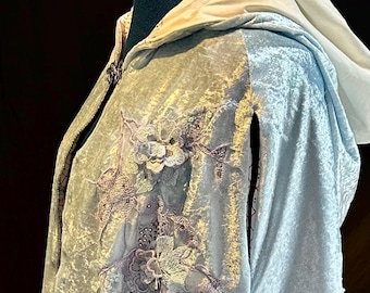 Short length ice blue cloak with white beaded lace embellishments