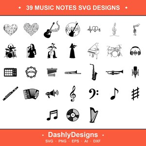 May include: A collection of 39 black music-themed SVG designs arranged in a grid. The icons include various musical instruments like guitars, drums, pianos, and saxophones, along with vocalists, microphones, music notes, and symbols on a white background.