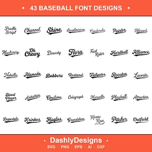 May include: A collection of 43 black baseball-style font designs arranged in a grid. Each word features a classic athletic script typeface with a swoosh underline. The top header reads 43 BASEBALL FONT DESIGNS and the bottom footer says DashlyDesigns SVG PNG EPS AI DXF.