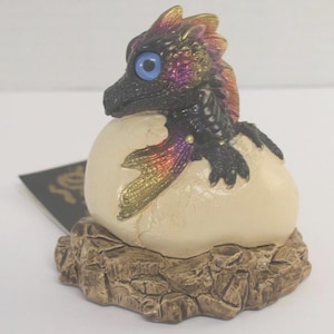 Peut inclure: Figurine d'un bébé dragon sortant d'un œuf. Le dragon a des écailles noires, des ailes irisées et des yeux bleus. L'œuf est de couleur crème et repose sur une base rocheuse brune. Objet de collection.
