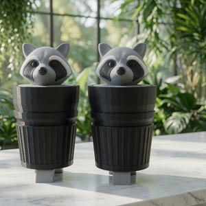 May include: Two identical raccoon-shaped containers, each featuring a grey raccoon head lid atop a black, vertically ribbed cylindrical base. The raccoon heads have white facial markings around the eyes and black noses, standing on small grey feet.