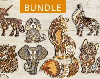 Paquete de mandalas de animales multicapa: archivos de corte láser 3D (SVG, DXF)