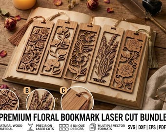 Paquete de archivos SVG de marcapáginas florales: diseños botánicos cortados con láser (descarga digital)