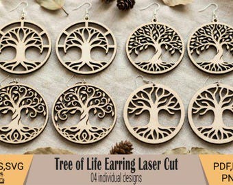 Pendientes de árbol de la vida cortados con láser SVG / Madera, acrílico, cuero