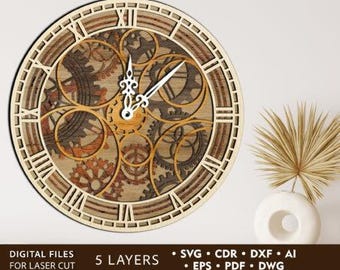 Reloj Steampunk multicapa con engranajes – Archivo de corte láser de 5 capas (SVG, DXF, AI)