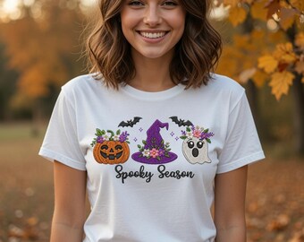 Diseño de bordado floral para la temporada de Halloween: calabaza, sombrero de bruja, fantasma (archivo digital).