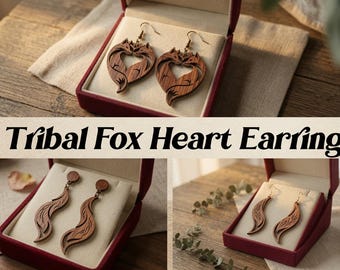 Archivos de corte láser para pendientes de corazón de zorro tribal - Diseño de joyería animal