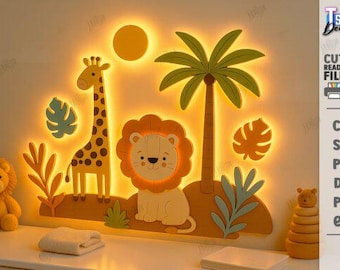 Safari Leuchtende Wand Dekor Dateien - Löwe, Giraffe, Dschungel Kunst (Digitaler Download)