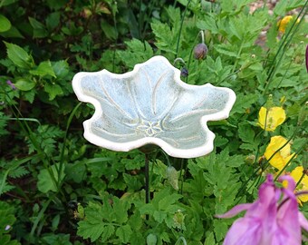 Five petal flower bird feeder on copper rod, ceramic garden flower sculpture, stoneware mini birdbath, garden gift, for patio, garden