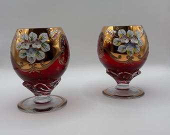 Vintage Murano Glass Decanter Set: Ruby Red, 24K Gold Enamel