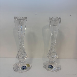 bohemian czech crystal candle stick holders pair 9 tall