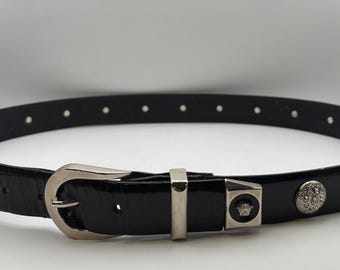 Vintage Gianni Versace Black Medusa Face Diamante Buckle Belt Sz