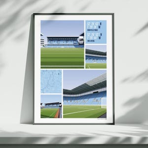 Può includere: Stampa incorniciata con un collage di immagini di uno stadio di calcio con sedili blu e un campo verde. La stampa include il testo "CCF", "HIGHFIELD ROAD" e "CBS ARENA", insieme alle coordinate. La stampa è esposta su una superficie bianca.