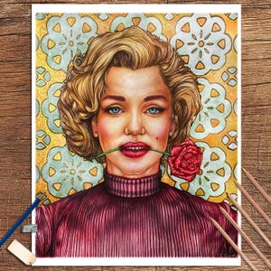 Original Art Marilyn Monroe Drawing, Original Drawing of Famous Woman, Norma Jean Portrait, Marilyn Monroe Portrait Drawing, Color Drawing