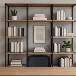 Op de afbeelding: Een thuiskantoor met een houten bureau en een zwart metalen en houten boekenplank vol boeken. De planken bevatten ook potplanten, een ingelijst kunstwerk en een lamp met een witte kap. Het kleurenpalet is neutraal met licht hout en zwarte accenten.