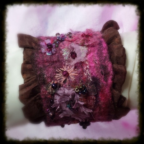 Beautiful Felted Cuff  Bracelet - OOAK  - Maroon and Dusky pink Merino Wool - Great Gift Handmade by ZanaCrafts