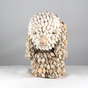 May include: A whimsical sculpture of a face made entirely of seashells. The face has a round head with a white shell nose and two black eyes. The sculpture is made of a variety of seashells in different shapes and sizes.
