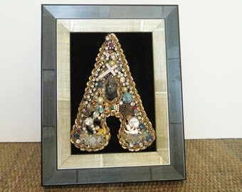 Letter A Jewelry Collage Art Picture Assemblage Framed Vintage Jewelry