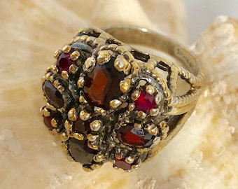 Garnet Ring Sterling Silver with Vintage Vermeil Gold Wash Size 5 1/2 January Birthstone