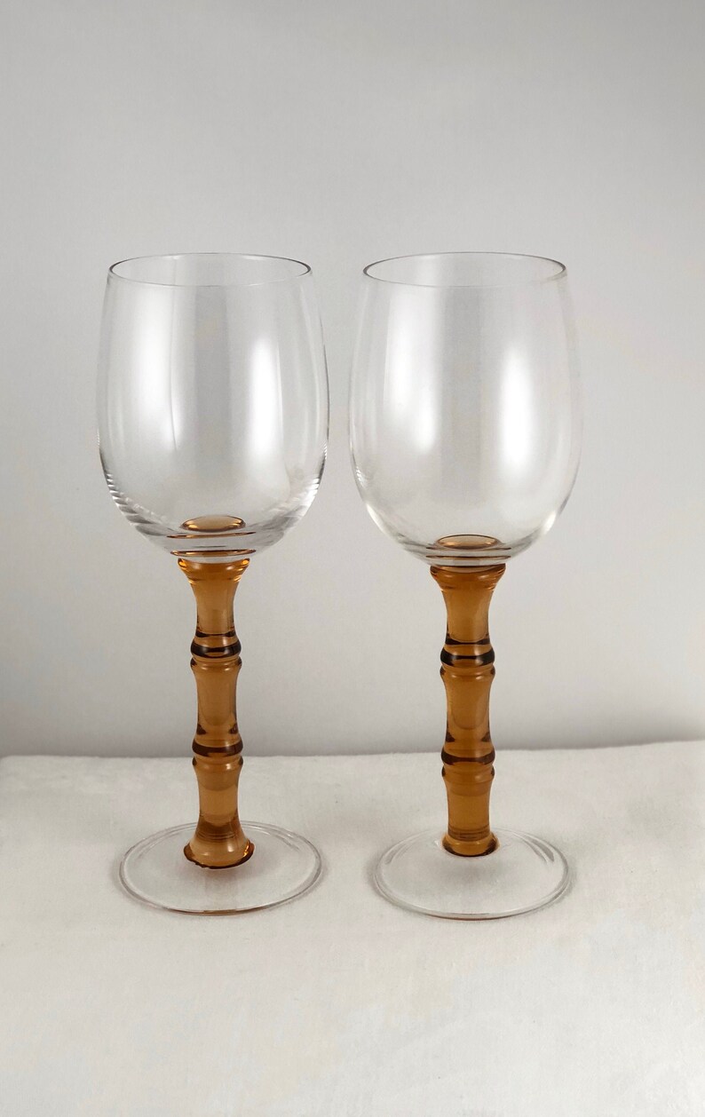 Wine Glass Pair with Glass Bamboo Stem Tiki Bar Collectible image 0