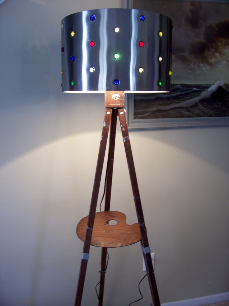 Artist Floor Lamp Assemblage Antique Anco Bilt Wood Easel Vintage Curved Artist Palette Mid Century Metal Shade Glass Cabochons OOAK