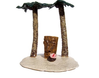 Tiki Ceramic Sculpture Art Pottery This Tiki Is Large And In Charge "Happy Hour on Tiki Island" Handmade by Linda Sapp Long