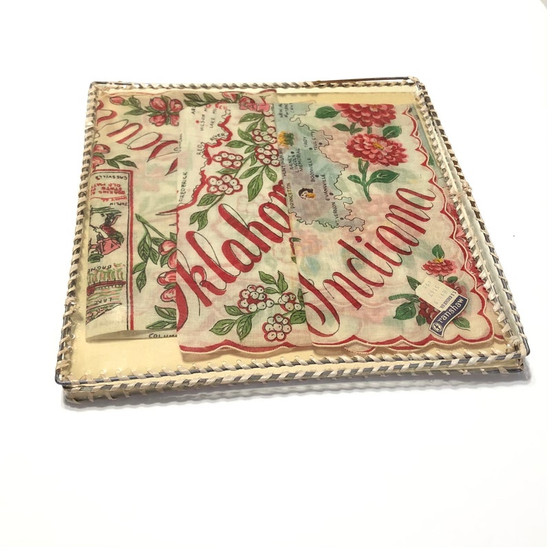 State Souvenir Handkerchiefs Oklahoma Missouri Indiana Vintage image 0
