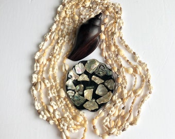 Seashell Necklace Leis Vintage Tiki Lot Lucite Hawaii Soap or Trinket Dish Ironwood Carved Sea Shell