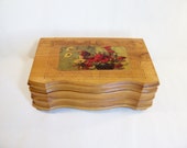 Vintage Wooden Maple Box With Dovetail Decoupage Flowers and Mirror