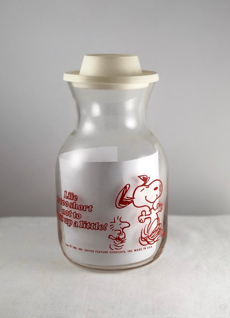Snoopy Glass Carafe Vintage 1965 Life Is Too Short Not To Live image 0