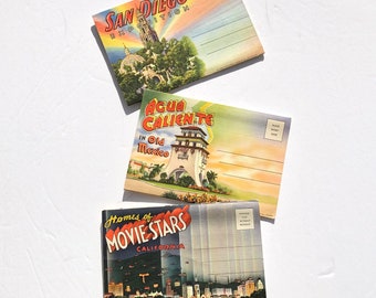 Postcards Foldout Colored Lithographs Genuine Vintage San Diego Homes of Movie Stars California Agua Caliente in Old Mexico