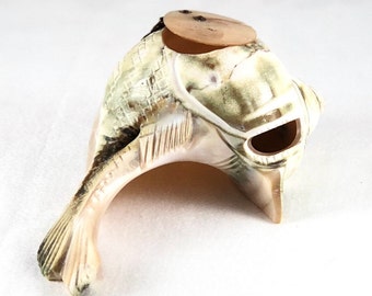 Carved Fish Seashell Inkwell Tapestry Turban Iridescent Mother Of Pearl Victorian Souvenir