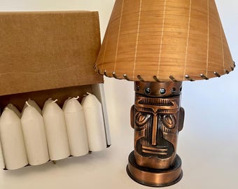 Luau Tiki Candleholder Vintage 1960’s Table Lamp Coppertone Metal Glass Candlelight Chimney