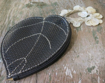 Vintage Leather Tropical Leaf Coin Purse with Mother of Pearl Shell Wristlet Bracelet