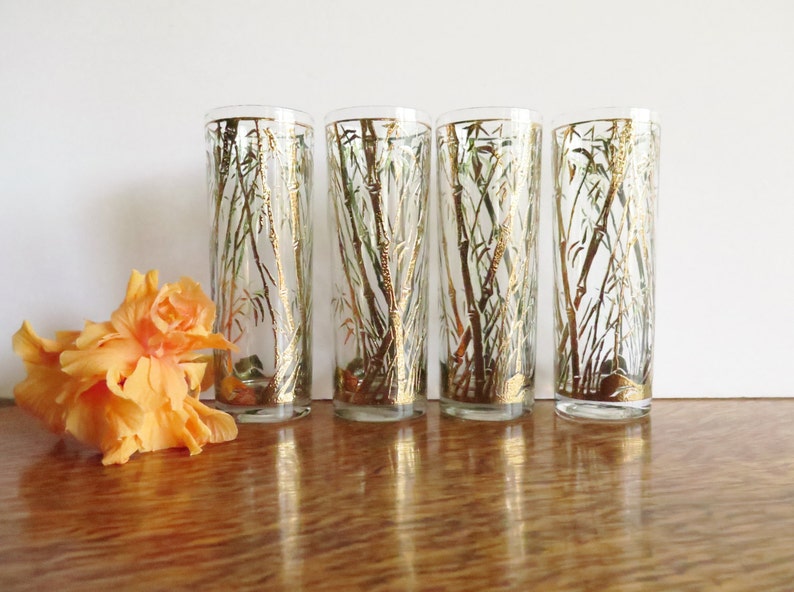 Culver Set of 4 Bamboo Glasses 22k Gold and Green Tall 12 oz image 0
