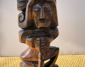 Wood Carved Vintage Tiki Statue Aztec Man