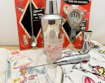 Vintage Barware Set: Stainless Steel Shaker, Collinsware Strainer and Spoon, Jigger, Shot Glass, Towels