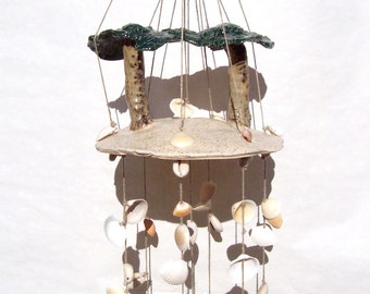 Seashell Wind Chime Hand Sculpted Palm Trees Art Ceramic Stoneware by Linda Sapp Long  "Barefoot Island"