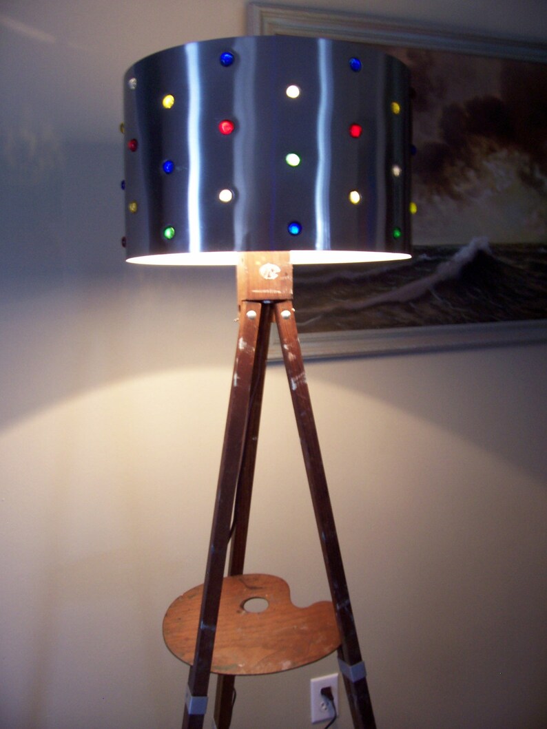Artist Floor Lamp Assemblage Antique Anco Bilt Wood Easel Vintage Curved Artist Palette Mid Century Metal Shade Glass Cabochons OOAK