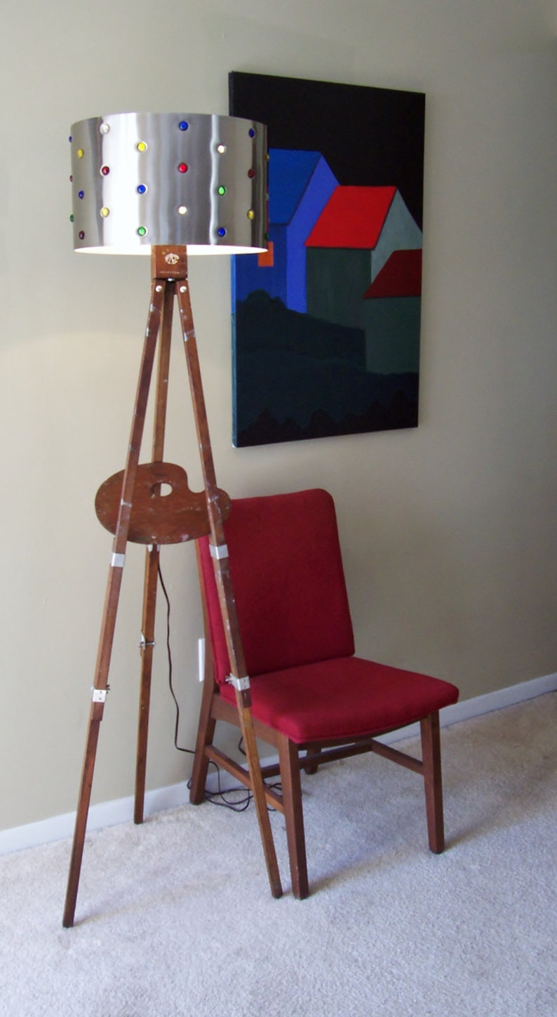 Artist Floor Lamp Assemblage Antique Anco Bilt Wood Easel Vintage Curved Artist Palette Mid Century Metal Shade Glass Cabochons OOAK