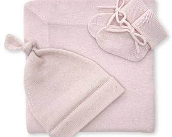 100% Cashmere Baby Blanket, Beanie & Booties Set: Luxury Knit Newborn Gift