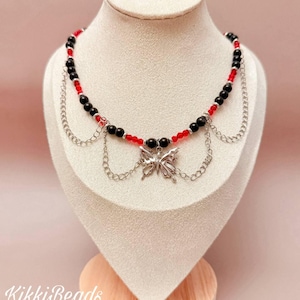 Black and Red Choker – Gothic Butterfly Necklace, Agate and Crystal Beads, Stainless Steel Chains