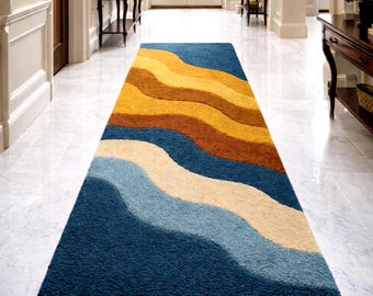 Hand Tufted Wool Runner Rug, Navy Ivory Stripes, Mid Century Modern Hallway Carpet