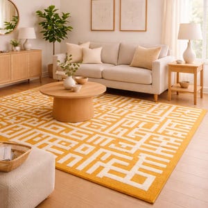 Hand Tufted Wool Rug, Mustard Yellow Geometric Boho Design, Modern Area Carpet, Custom Size Living Room Decor