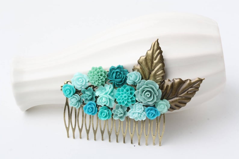 rustic wedding Bridal Hair Comb Maid of Honor Gift teal hair comb garden wedding teal wedding hair accessories teal Hair Accessories