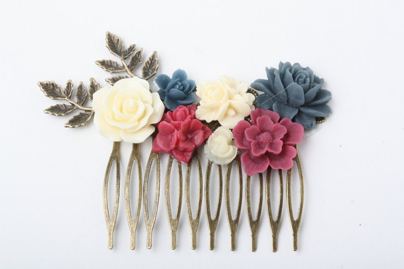 flower hairpiece blue red Burgundy and Navy Wedding hair accessories Navy and burgundy Hair Comb Maid of Honor Gift Bridal Hair Comb