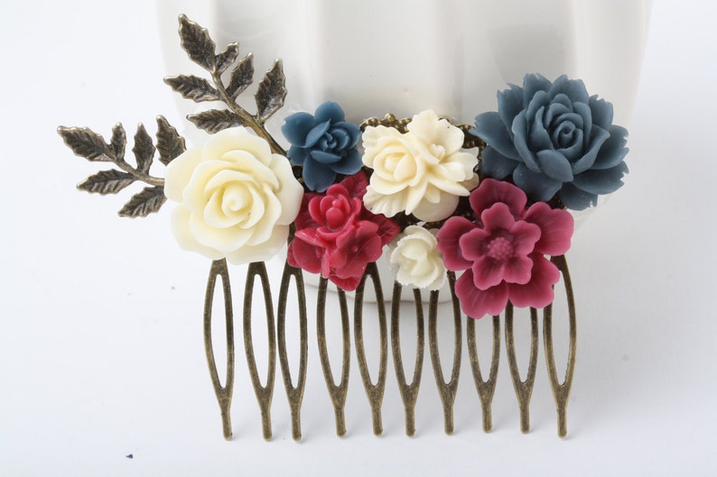 flower hairpiece blue red Burgundy and Navy Wedding hair accessories Navy and burgundy Hair Comb Maid of Honor Gift Bridal Hair Comb
