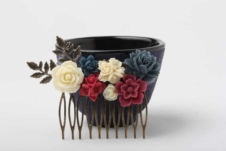 flower hairpiece blue red Burgundy and Navy Wedding hair accessories Navy and burgundy Hair Comb Maid of Honor Gift Bridal Hair Comb