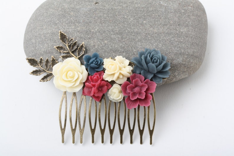 flower hairpiece blue red Burgundy and Navy Wedding hair accessories Navy and burgundy Hair Comb Maid of Honor Gift Bridal Hair Comb