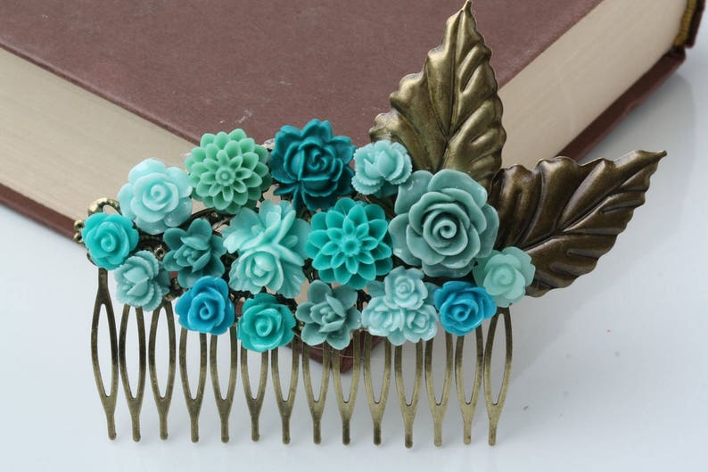 rustic wedding Bridal Hair Comb Maid of Honor Gift teal hair comb garden wedding teal wedding hair accessories teal Hair Accessories